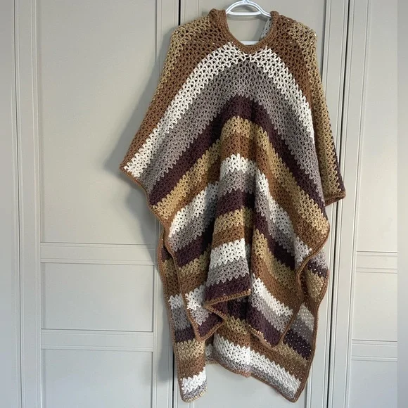 Hand Crochet Striped Cottagecore Boho Folk Hooded Poncho - Picture 2 of 9
